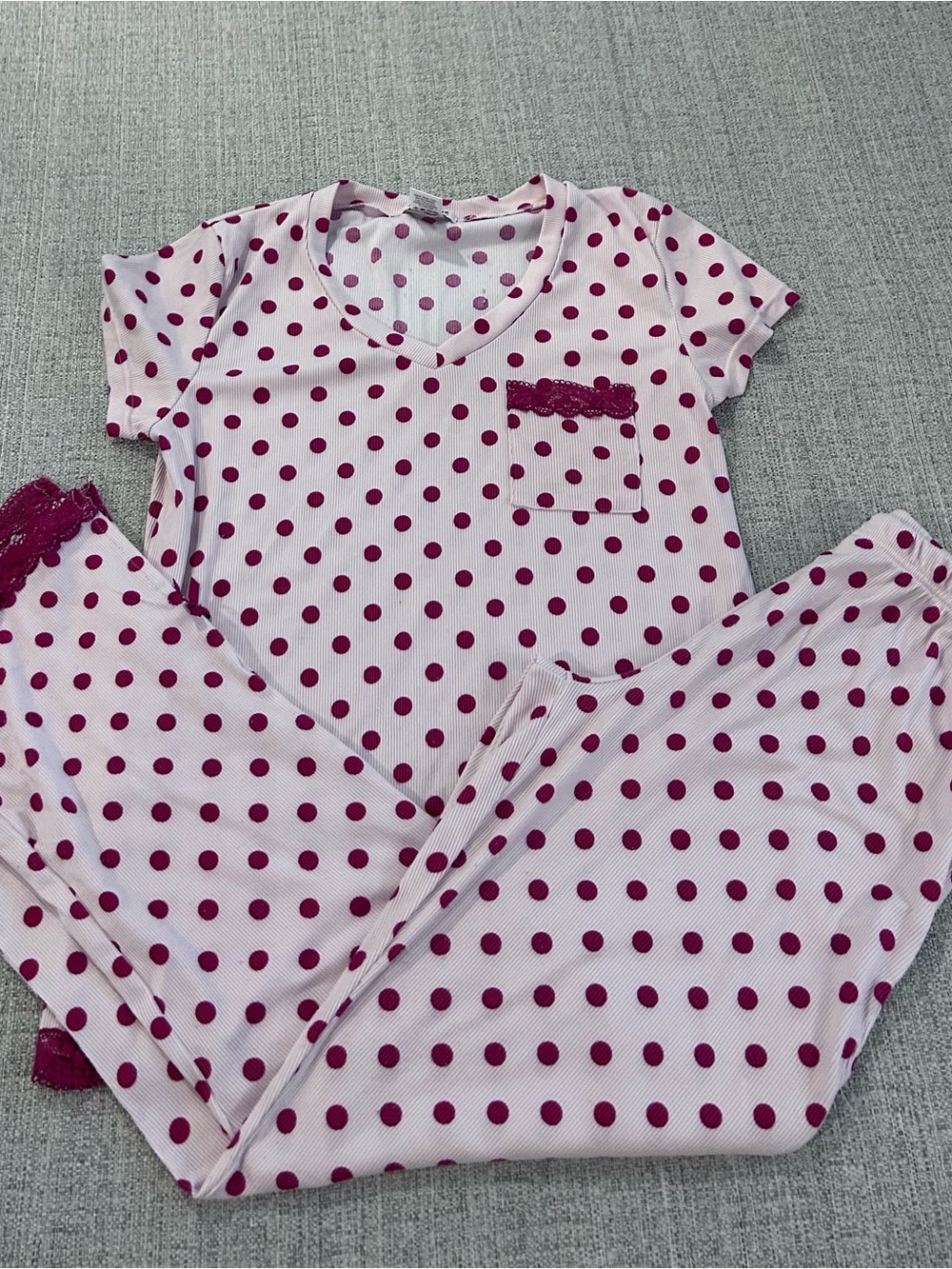 Pink Polka Dot Short-Sleeve Pajama Set with Burgundy Dots. Size M